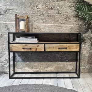 Industriële mango console table / sidetable met twee lades