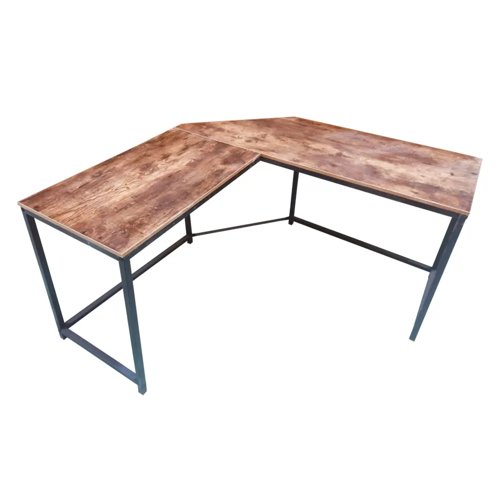 Hoekbureau Stoer – L-vormige computertafel – industrieel vintage – zwart metaal met bruin hout - Afbeelding 4